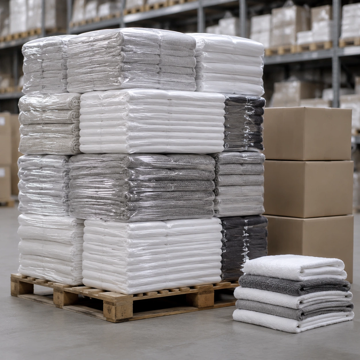 Shrink-wrapped bales of bed linen stacked on a warehouse pallet