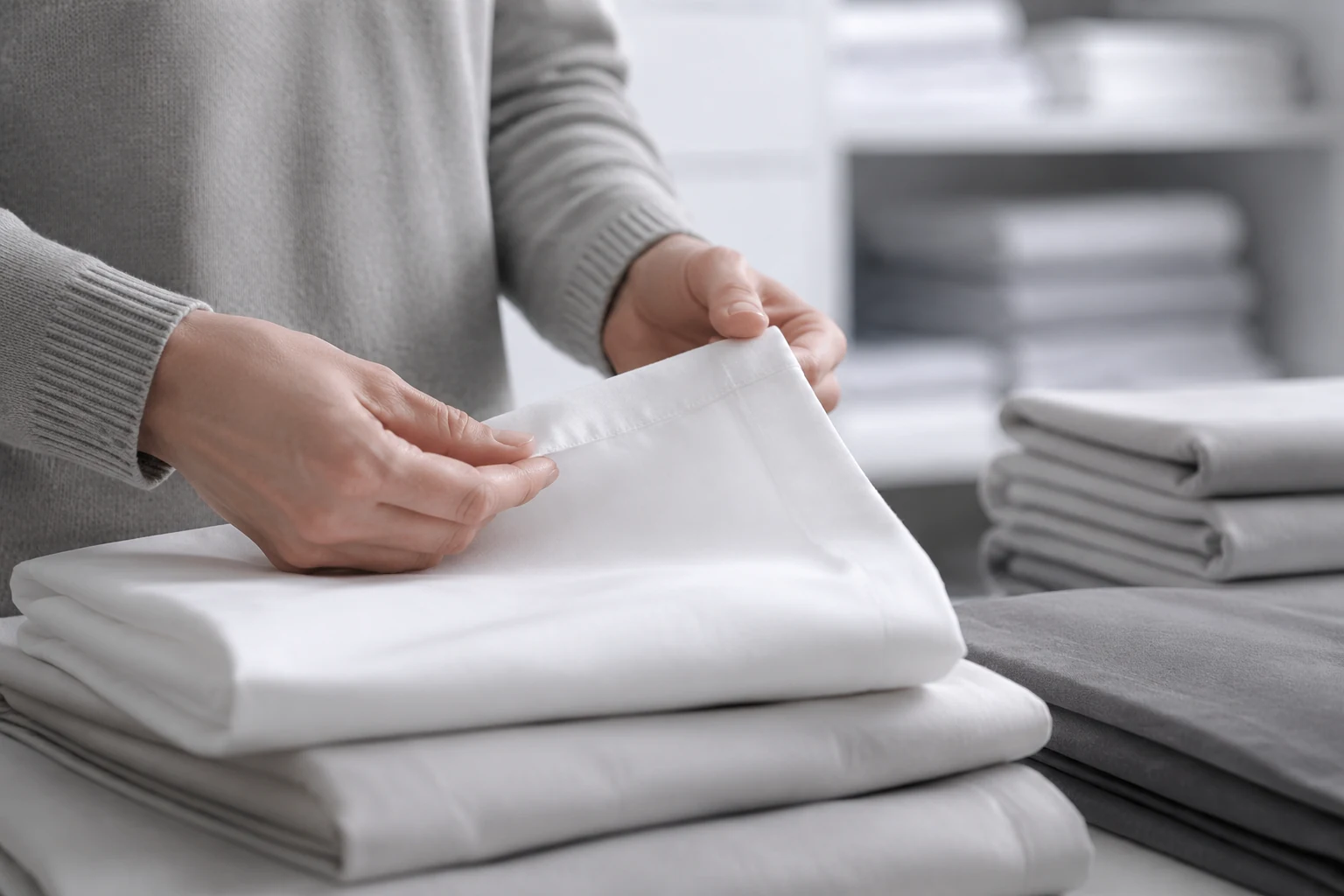 Hands checking the weave of a folded cotton sheet