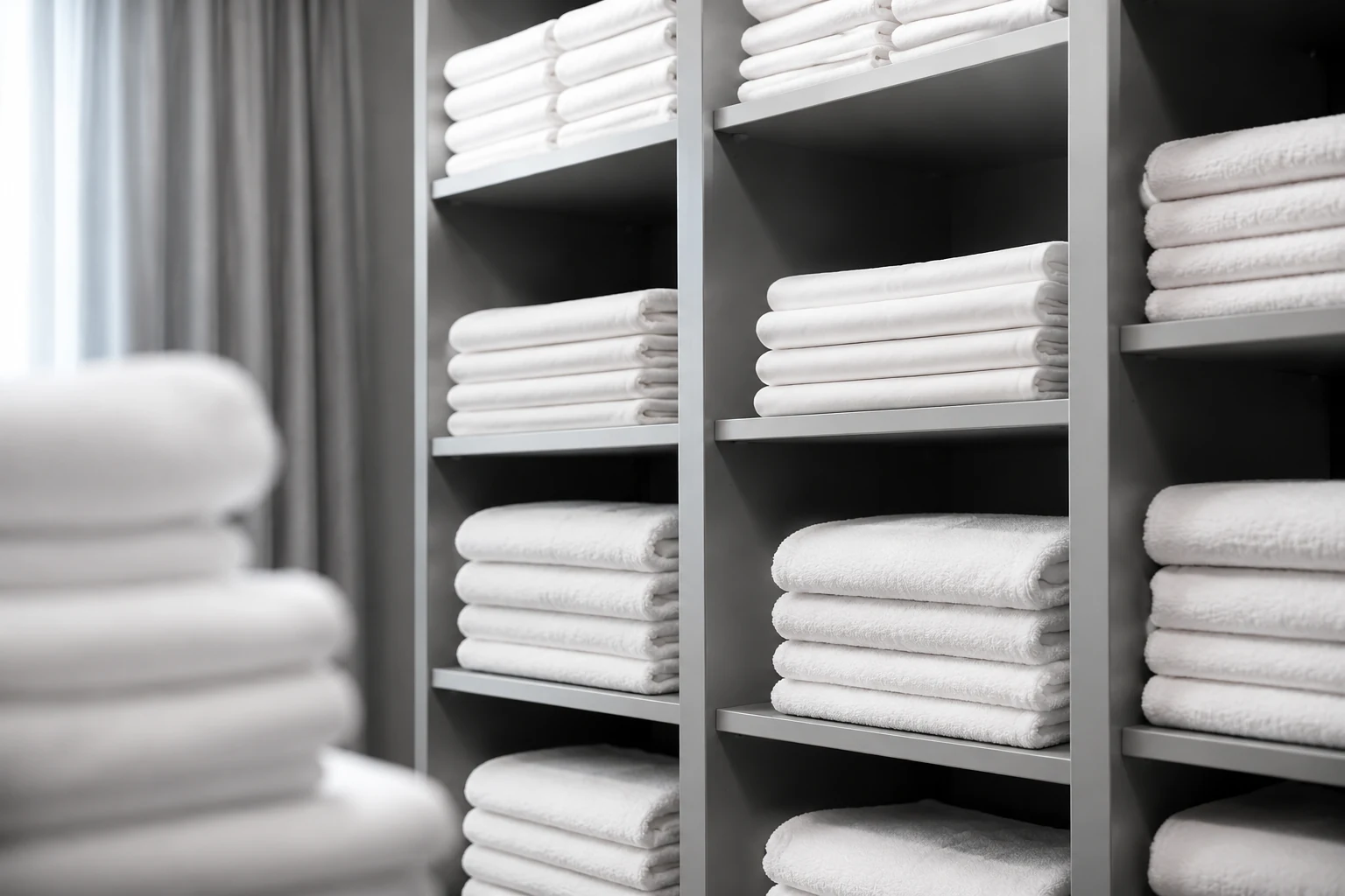 Neatly folded white towels arranged in a linen store