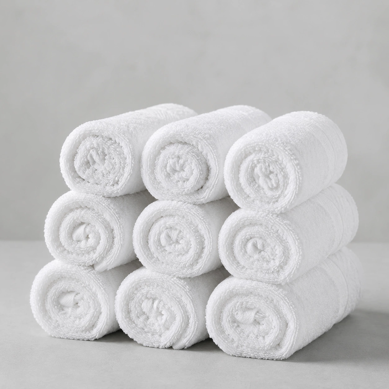 Stack of small white rolled gym and pool towels on a pale grey surface