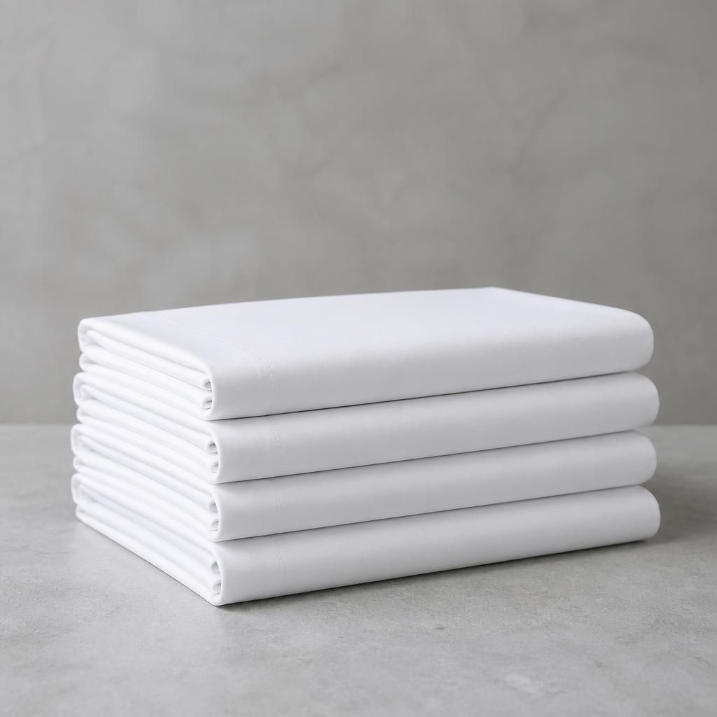 Four folded white percale housewife pillowcases stacked on a pale grey surface