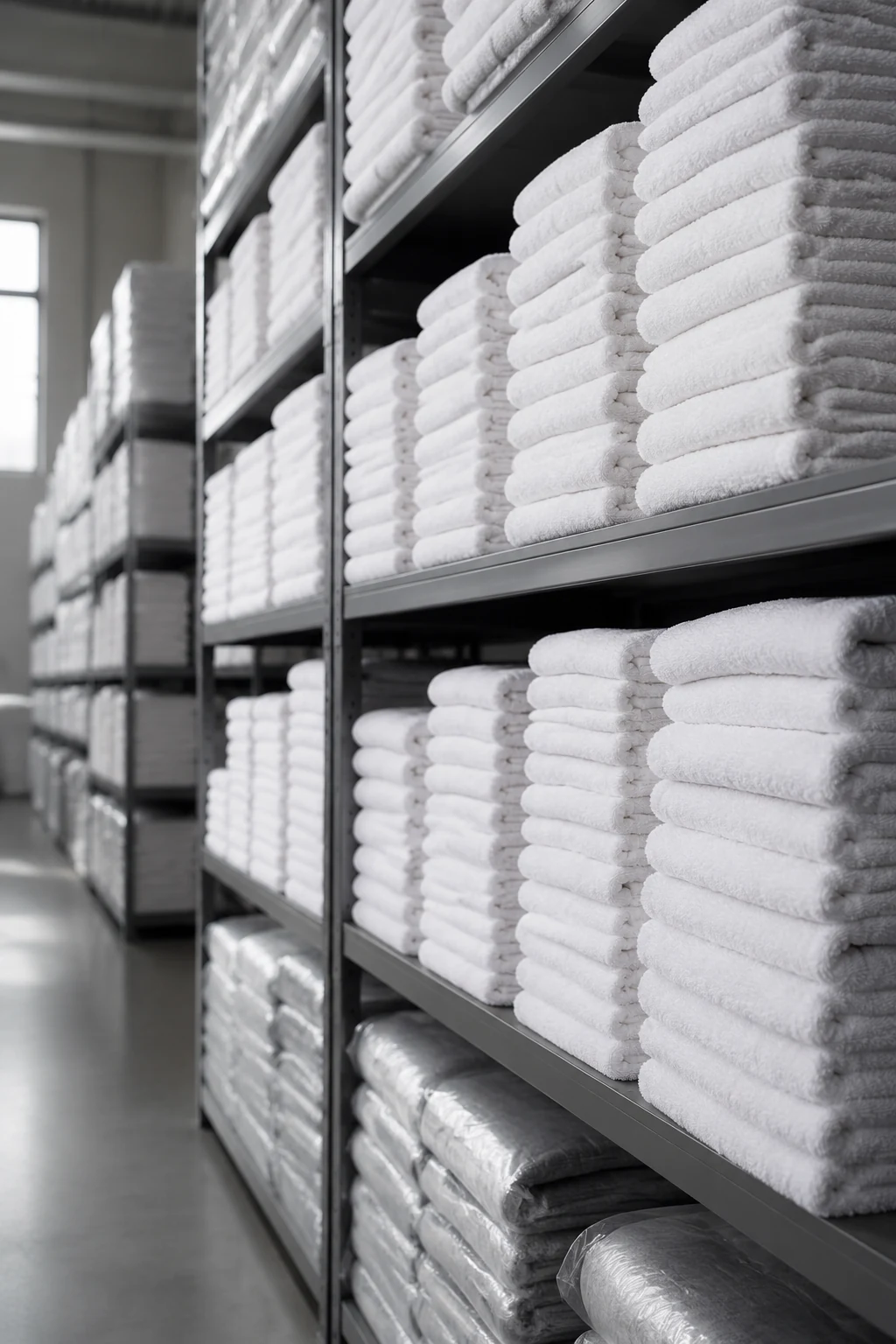 Folded white cotton towels stacked on warehouse shelving