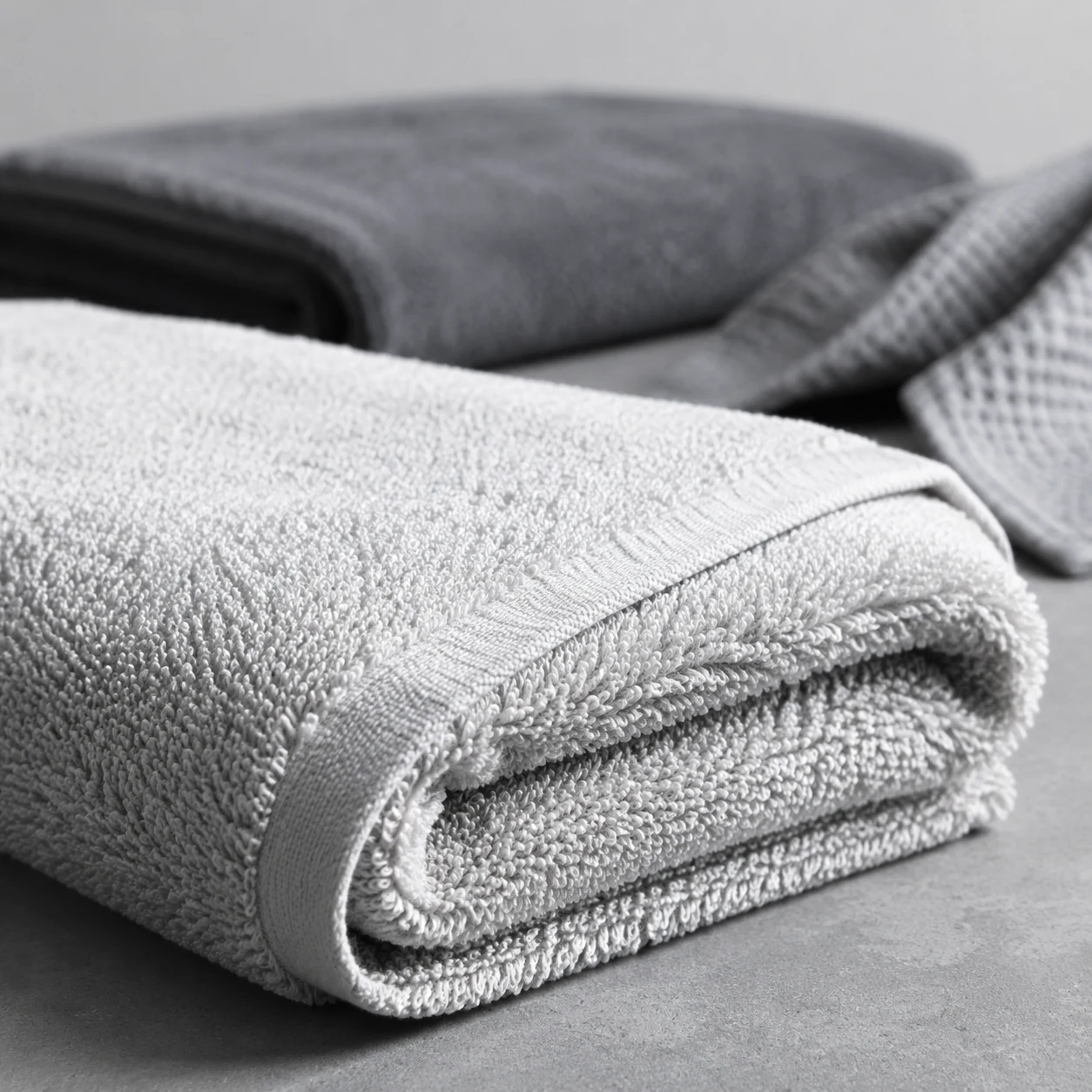 Close-up of terry towelling loops on a folded bath towel