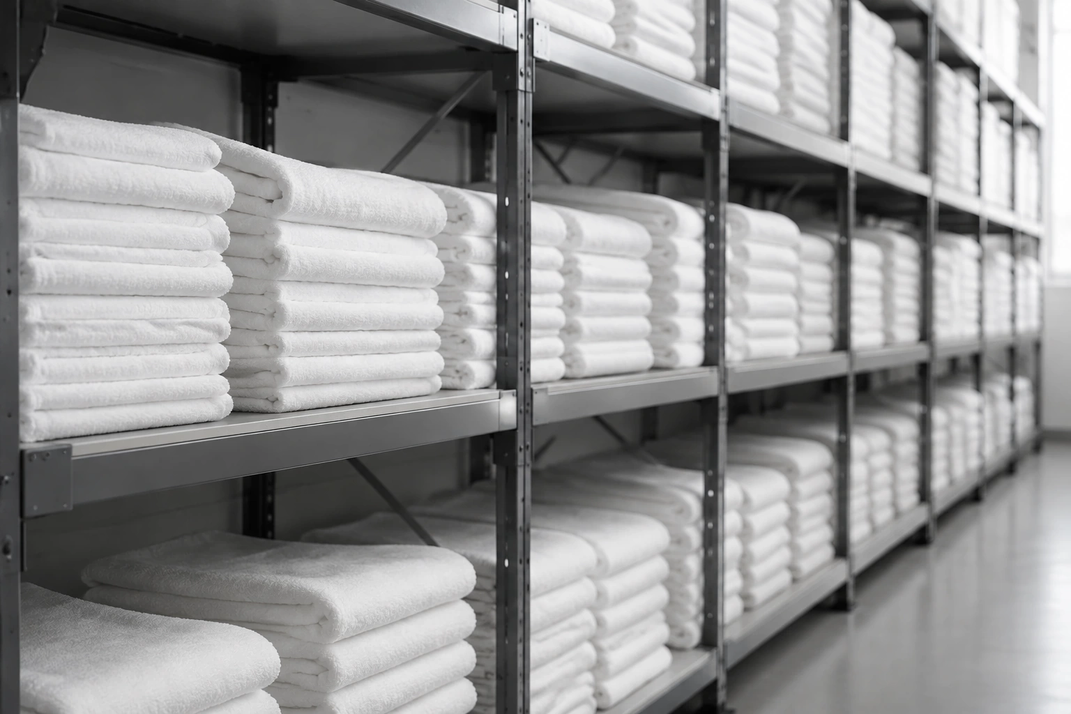 Rows of folded white bath sheets on warehouse racking