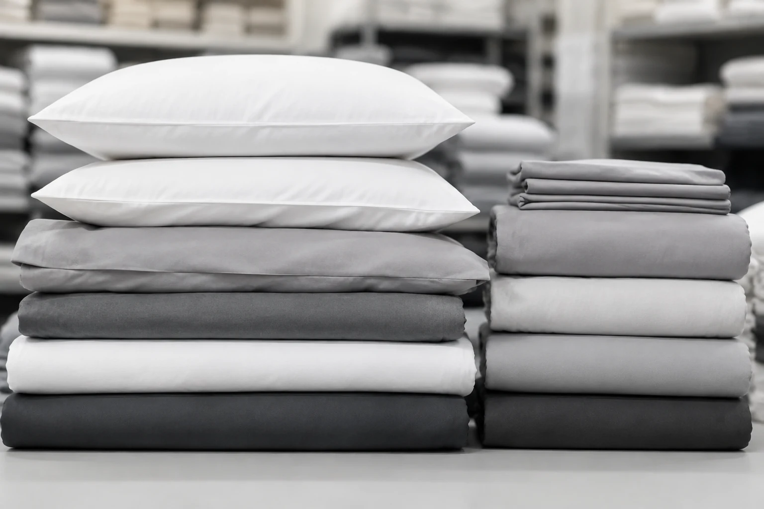 Stacked pillowcases and duvet covers in soft grey cotton