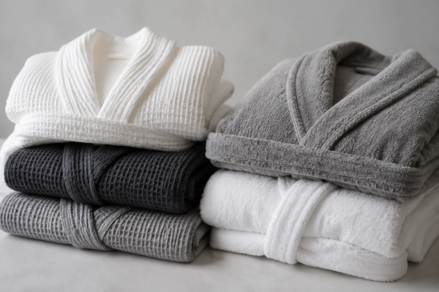 Waffle-weave bathrobes folded in a neat pile