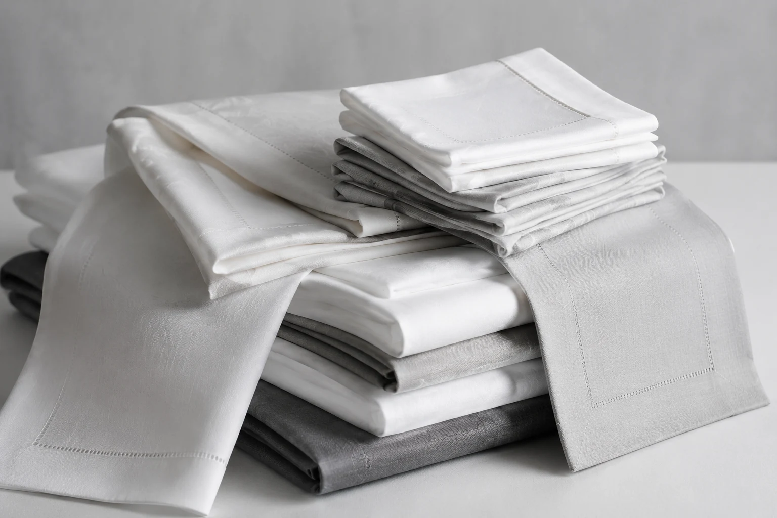 Cotton tablecloths and napkins folded on a plain surface